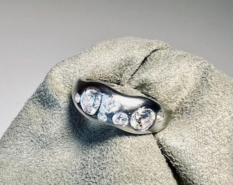 Custom organic shaped pure silver ring, cz gemstones, Handmade