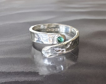 Sterling Silver Adjustable Wrap Ring With Emerald Gemstone
