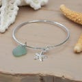 Silver starfish Bangle,   Sea Glass Charm Bangle