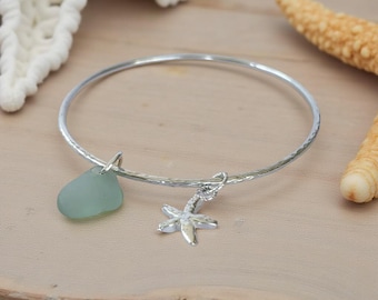 Brazalete de estrella de mar de plata, brazalete con dije de cristal marino