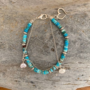 Jasper Turquoise Bracelet, Turquise bracelet with pearls, Turquoise Chain Bracelet