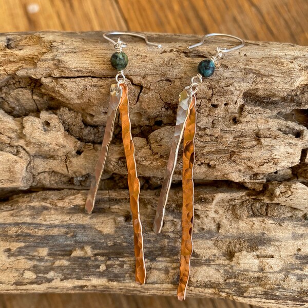 Long Copper with Silver Earrings, Mixed Metals Earrings,