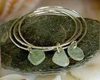 Sterling Silver Interlinked Bangles, Silver Bangles with sea glass charms
