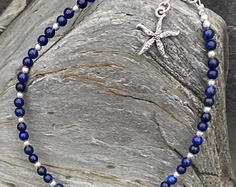Bracelet de cheville en pierres précieuses de lapis bleu, bracelet de cheville bleu lapis et argent