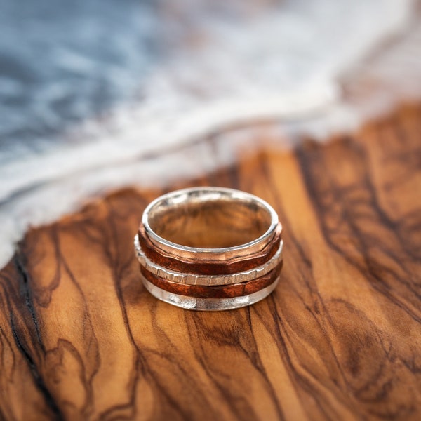 Sterling Silver Handmade Spinner Ring, Statement Ring. Copper and silver spinner ring.Unisex Spinner Ring