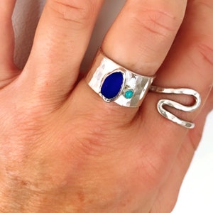 Silver Sea Glass Ring with Turquoise Stone, Wide Band Silver Ring with Multiple Stones