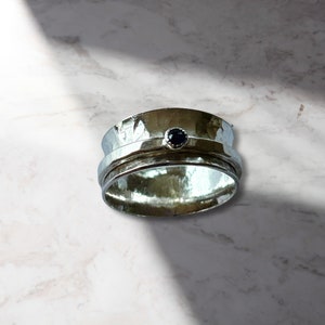 Sterling silver sapphire spinner Ring, wide band silver spinner rings, Gemstone Silver Rings, Silver fidget rings