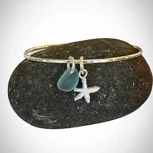 Silver starfish Bangle,   Sea Glass Charm Bangle