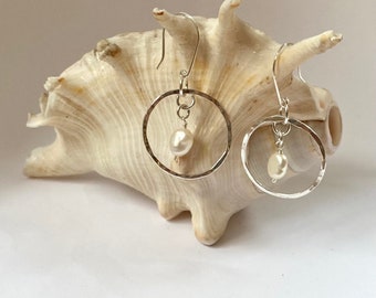 Sterling Silver hoop earrings, pearl hoop earrings