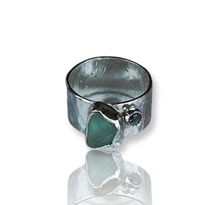 Statement Sea Glass Sterling  Silver Ring With Topaz, Gemstone Silver Ring With Sea Glass