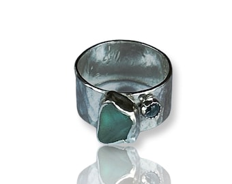 Statement Sea Glass Sterling  Silver Ring With Topaz, Gemstone Silver Ring With Sea Glass