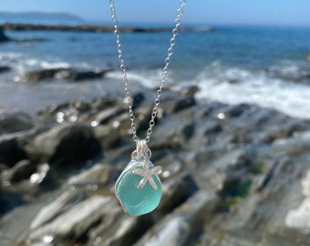 Sea Glass Starfish Necklace, Charm Sea Glass Necklace