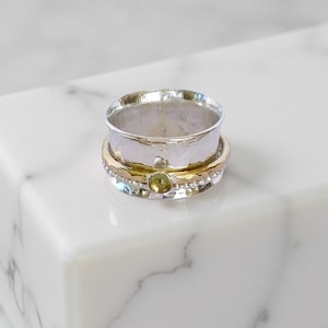 Anillo de plata con hilanderos de peridoto de oro y plata, anillos giratorios de piedras preciosas,
