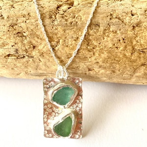 Duo sea glass silver necklace, sea glass necklace set in sterling silver necklace