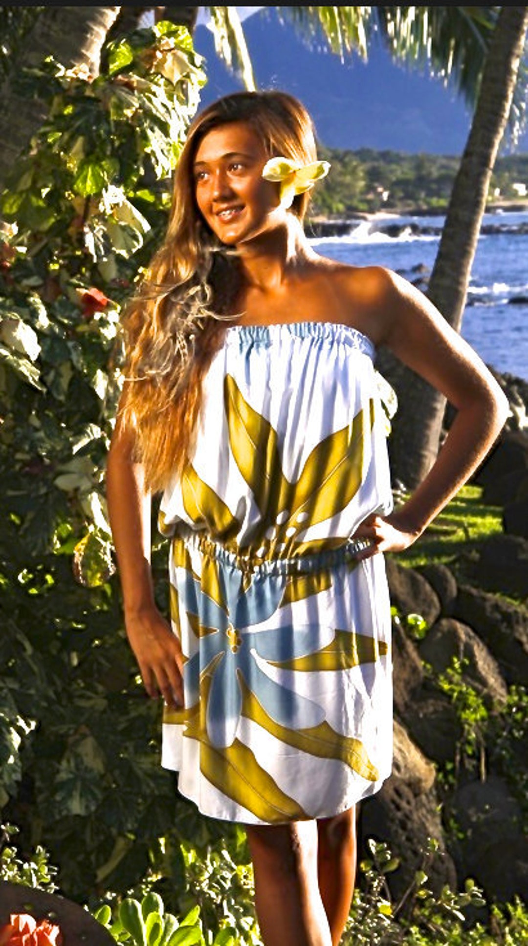 White Tiare Short Hawaiian Dress with Scarf Hem main image 1