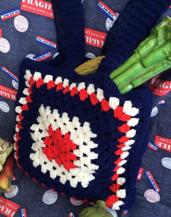 Vintage Red, White & Blue Vintage Crocheted Tote … - image 5