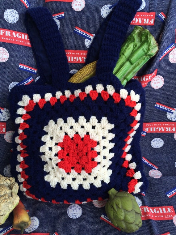 Vintage Red, White & Blue Vintage Crocheted Tote … - image 2