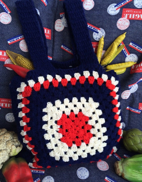 Vintage Red, White & Blue Vintage Crocheted Tote … - image 3