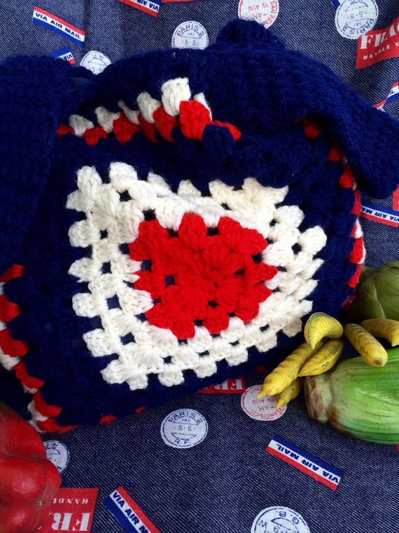 Vintage Red, White & Blue Vintage Crocheted Tote … - image 4