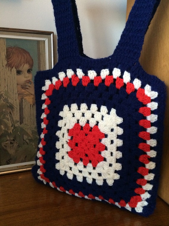 Vintage Red, White & Blue Vintage Crocheted Tote … - image 1