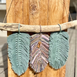 Macrame Wall Hanging Feathers on DriftWood Wall Decor Boho Style Green and Multicolor