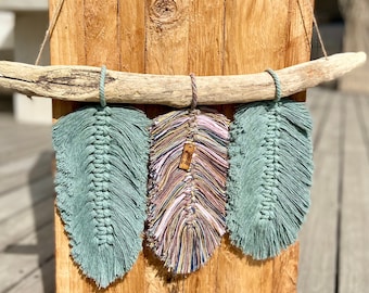 Macrame Wall Hanging Feathers on DriftWood Wall Decor Boho Style Green and Multicolor