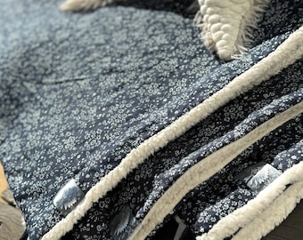 Blue Baby Sherpa Blanket Baby Sheep Fur Plaid child Plaid Bedspread quilted blanket Denim Blue with Little Flowers