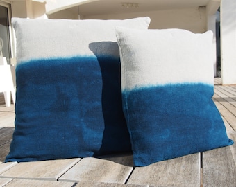 Petrol Blue Tie Dye Linen Cushion Decorative Textile Home Accessories Bohemian Style