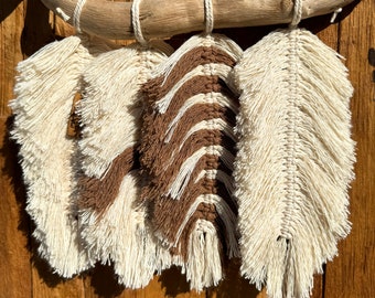 Macrame Wall Hanging Feathers on DriftWood Leaves Wall Decor Boho Style Brown & Ecru