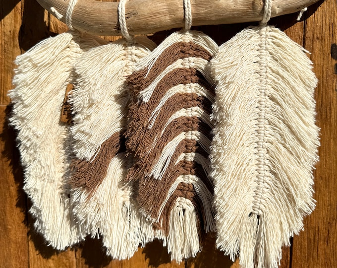 Featured listing image: Macrame Wall Hanging Feathers on DriftWood Leaves Wall Decor Boho Style Brown & Cream
