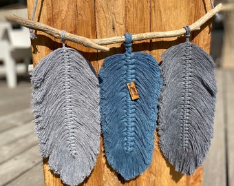 Macrame Wall Hanging Blue & Grey Feathers on DriftWood Leaf Wall Decor Boho Style