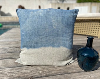 Blue Washed Denim Tie Dye Linen Cushion Decorative textile Home accessories Bohemian style