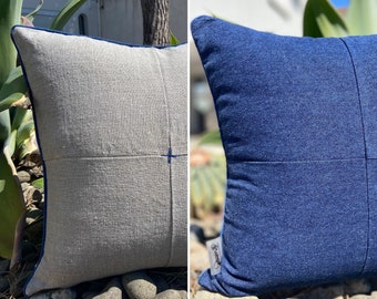 Linen & Blue Denim Cushion Double Sided Removable Cushion Patchwork Cushion Decorative Textile Home Accessories Bohemian Style
