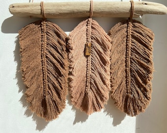 Macrame Wall Hanging Feathers on DriftWood Leaves Wall Decor Boho Style Brown & Pink