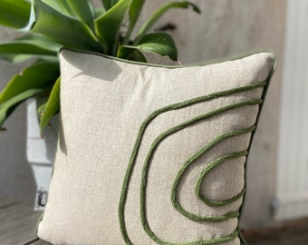 Green Linen Cushion with Macramé Pattern Double Sided Removable Cushion Patchwork Cushion Decorative Home Accessories Bohemian Style