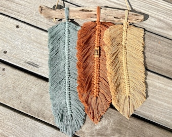 Macrame Wall Hanging Feathers on DriftWood  Wall décor Boho Style Brown and Green