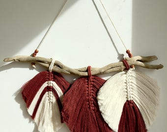 Macrame Wall Hanging Feathers on DriftWood Wall Decor Boho Style Brick Red and Cream