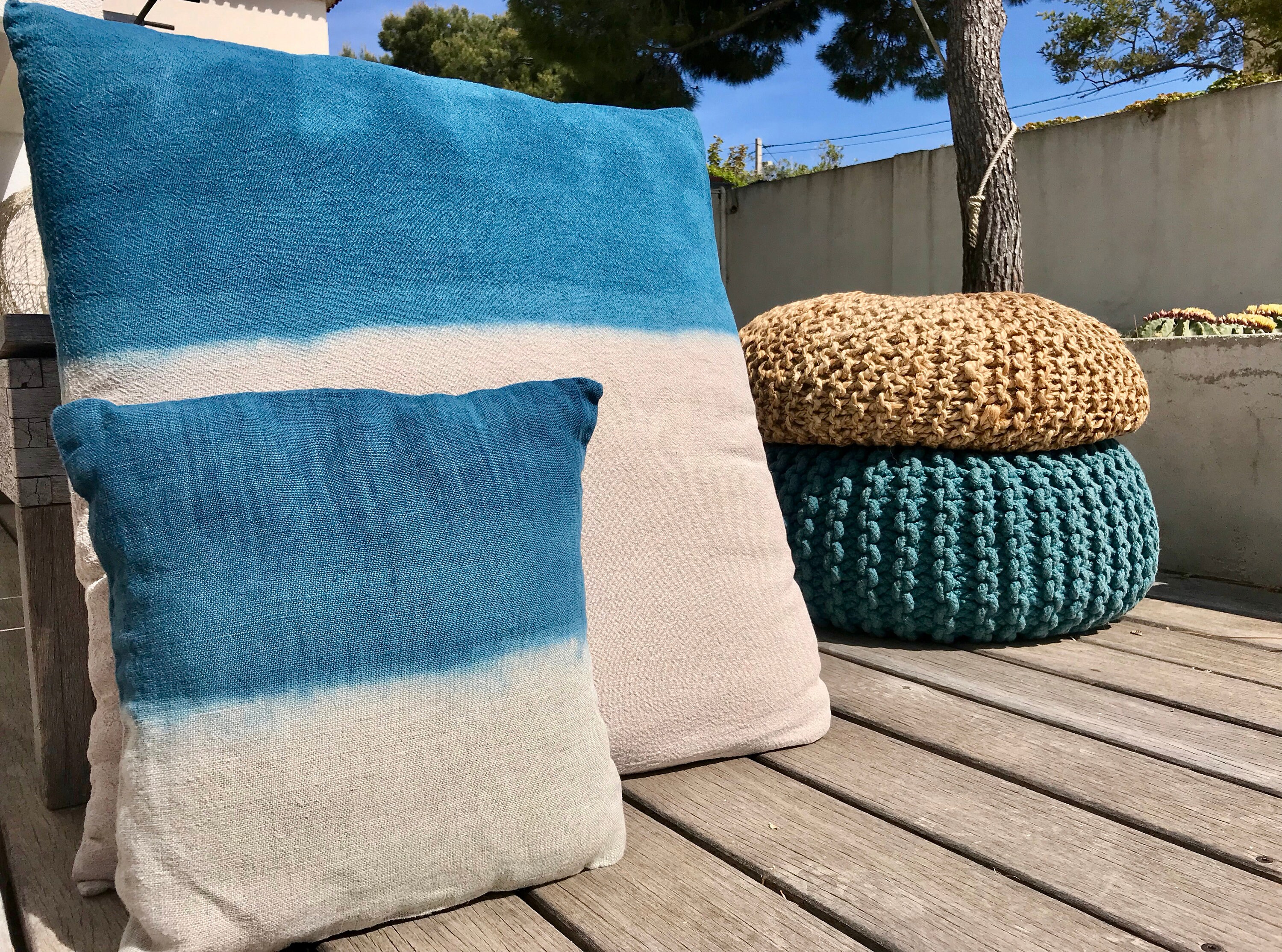 Duo de Coussins Tie & Dye en Lin Naturel Bleu Paon