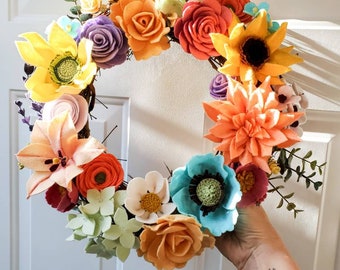 Wreath, Felt Flower Wreath, Bright Spring Wreath, Full Flower Wreath, Summer Felt Wreath, Year Round Wreath, Natural Twig Wreath, Door Décor