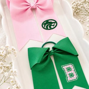 May include: Two hair bows attached to elastic bands. The top bow is light pink with a dark green glittery wildcat mascot logo. The bottom bow is dark green with a white and pink gingham letter B patch featuring a silver border on one tail.