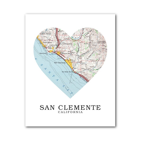 San Clemente Map Heart Print, San Clemente Map Art, Map, Heart Map Print, San Clemente Map Gift, California Art, 8 x 10 inches, Unframed