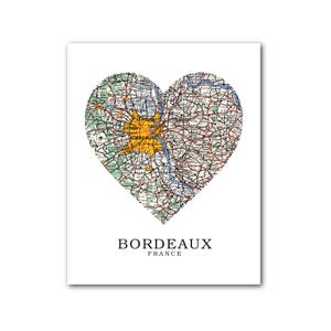Bordeaux carte coeur impression, Bordeaux carte Art, carte de Bordeaux, France coeur carte d’impression, Bordeaux cadeau, Bordeaux France, 8 x 10 pouces, sans cadre