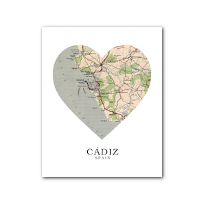 Cadix carte coeur impression, Art carte Espagne, Cadix Espagne carte, impression carte coeur, Espagne carte cadeau, amour Cadix Art, 8 x 10 pouces, sans cadre