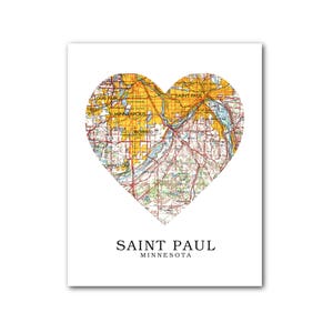 Carte de Saint Paul coeur imprimée, Art de carte de Saint Paul, Minnesota carte, impression carte coeur, Saint Paul Minnesota carte cadeau, 8 x 10 pouces, sans cadre