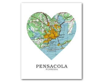 Pensacola Florida Map Heart Art Print (8x10 Unframed)