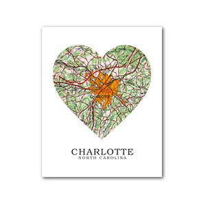 Charlotte Map Heart Print, Charlotte Map Art, Charlotte Map, Heart Map Print, North Carolina Map, Love Charlotte, 8 x 10 inches, Unframed