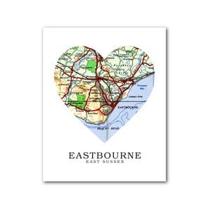 Eastbourne carte coeur impression, Eastbourne carte Art, carte de Sussex, Sussex coeur carte impression, East Sussex carte cadeau, 8 x 10 pouces, sans cadre