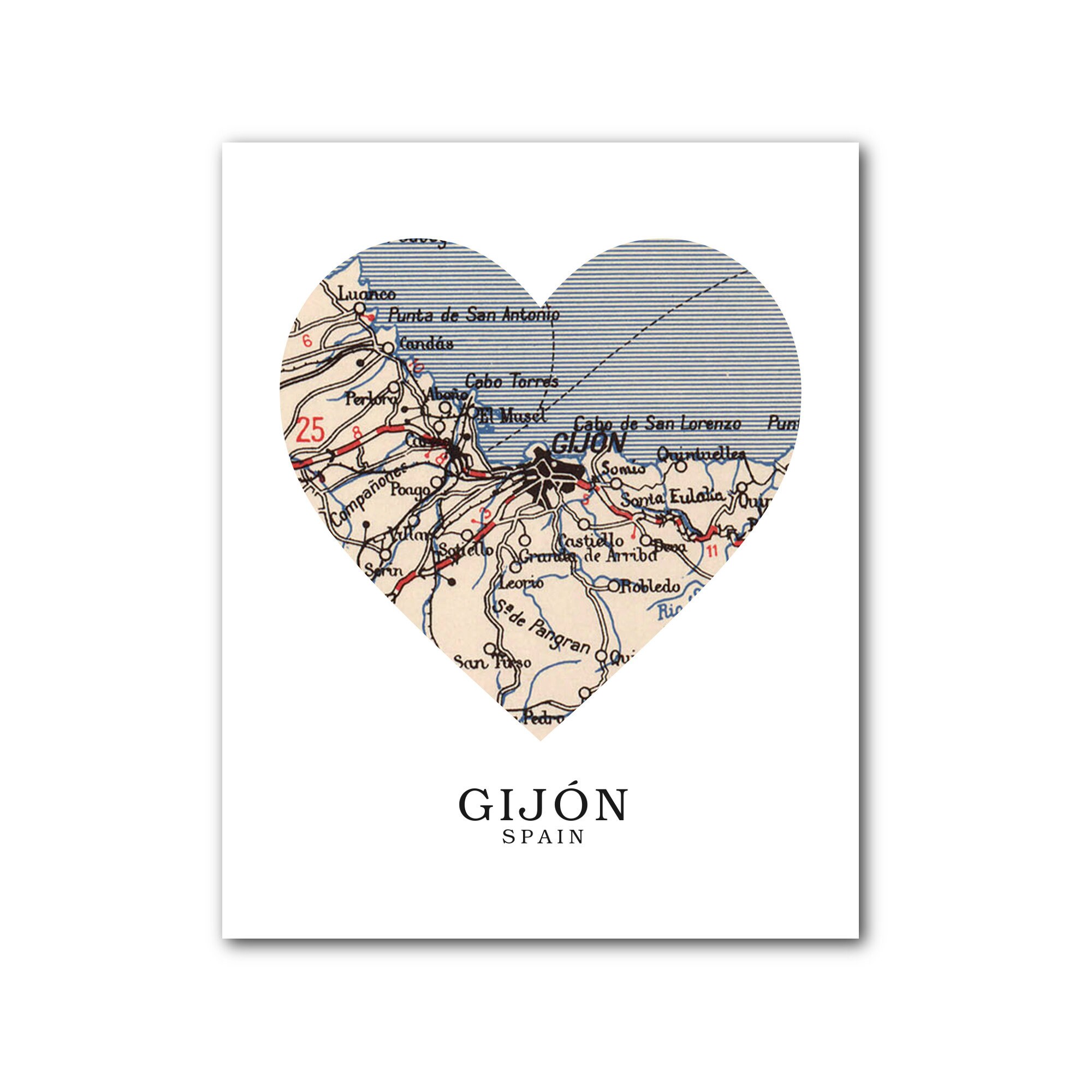 Gijon Spain Map Heart Print: Love Gijon Art (8 x 10 Inches)