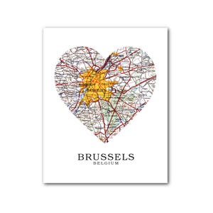 Bruxelles carte coeur impression, Bruxelles carte Art, carte de Bruxelles, Belgique coeur carte impression, Bruxelles carte cadeau, amour Bruxelles, 8 x 10 pouces, sans cadre