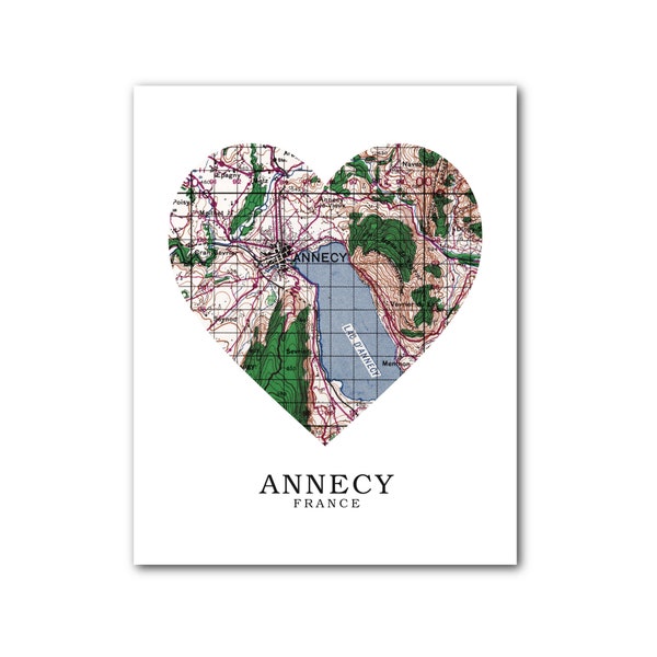 Annecy carte coeur impression, Annecy carte Art, carte de Annecy, France coeur carte impression, Annecy carte cadeau, Annecy France, Annecy, 8 x 10 pouces, sans cadre